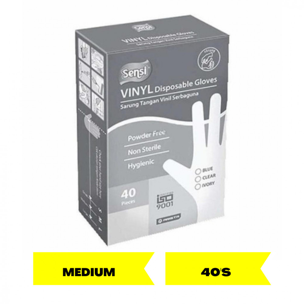 SENSI VINYL DISPOSABLE GLOVES 40`S SIZE M